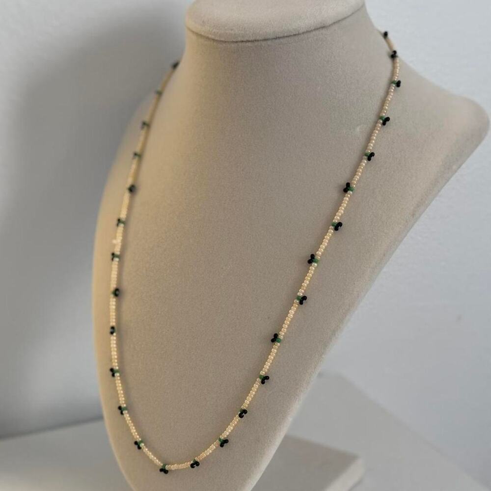Cream Black Beaded Necklace Handmade Unique Elegant Jewelry Gift Artisan Piece - Picture 3 of 3